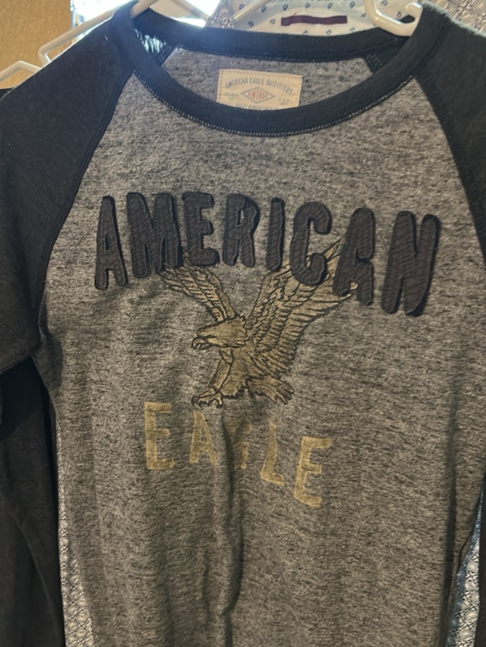 American Eagle Gray Crewneck Raglan Tee with Gold Eagle
